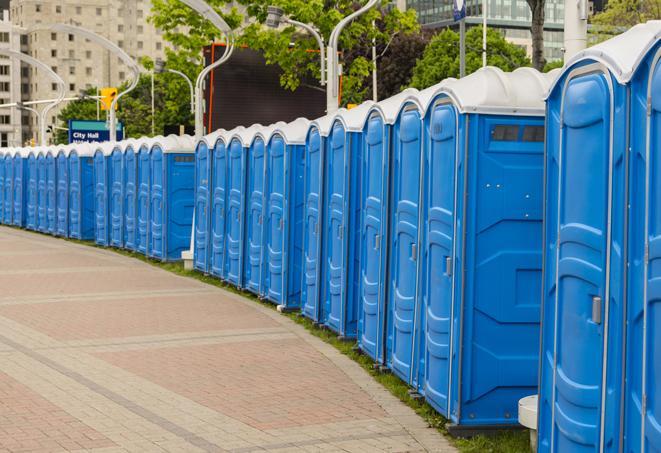 a row of portable restrooms ready for eventgoers in Battleboro, NC